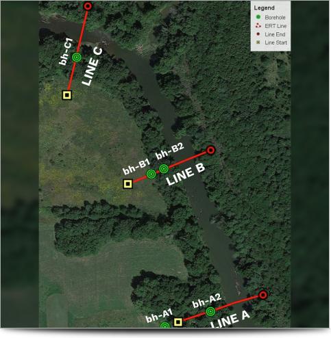 A top down view of a map with the project's survey lines