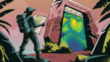 illustration of an explorer looking at a stone structure of resistivity imaging data
